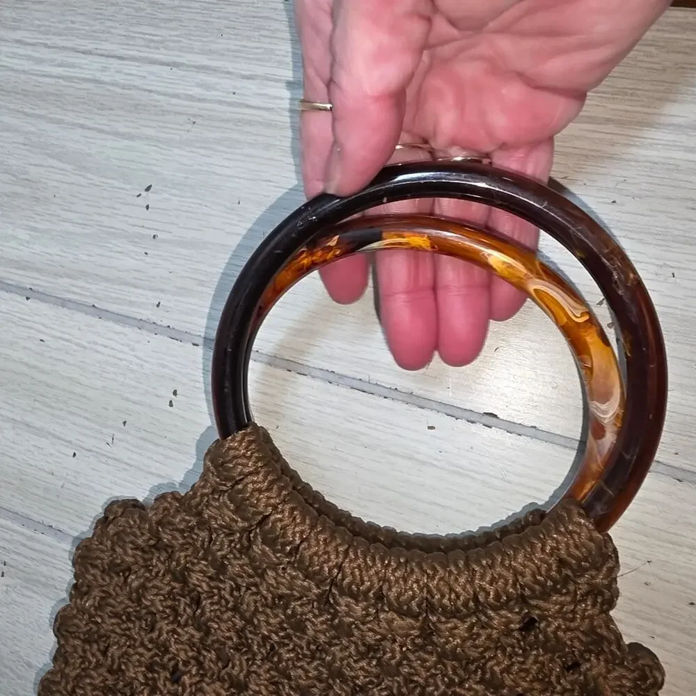 Vtg Handmade Brown Crochet Handbag Bakelite? Handle Knit/Woven Macrame Boho